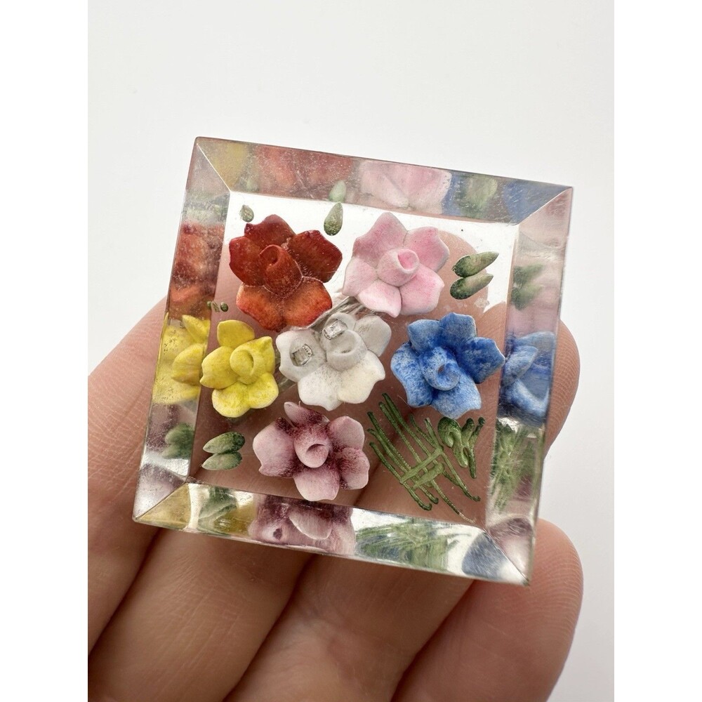 Vintage Reverse Carved Lucite Painted Flowers w/Leaves Brooch Pin